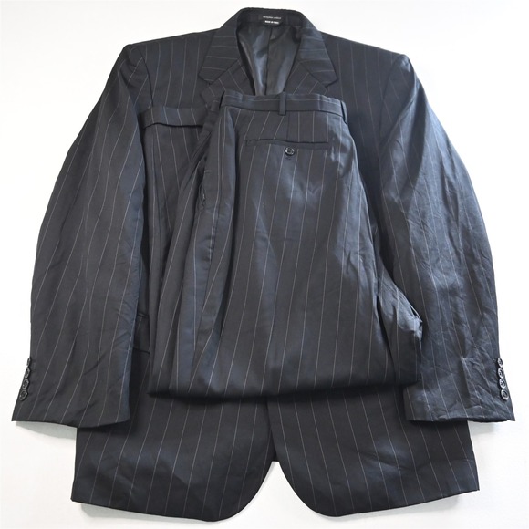 Giorgio Sanetti 48R 38x29 Black Striped 100% Wool Mens Jacket Pants Suit